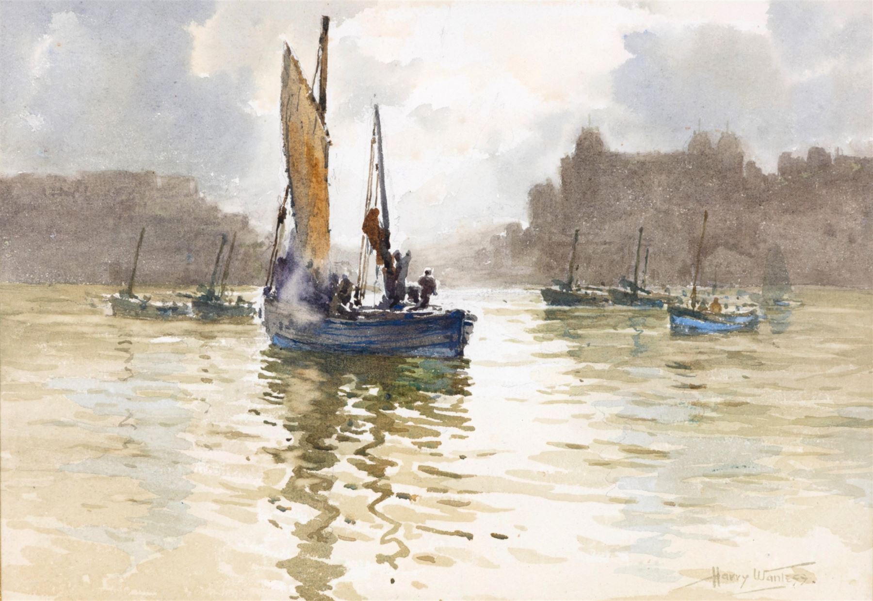 Harry Wanless (British c1872-1934): Early Morning Fishing Boats in the South Bay Scarborough , watercolour signed 23cm x 33cm
