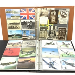 Three albums containing over five hundred and sixty postcards of aircraft and aviation related subjects including real photographic and printed aeroplanes, PHQ cards, Aircraft Recognition, posters, balloon barrage, crews and groups, memorials, propaganda etc; together with some shipping and topographical. From the collection of the late Leslie Benson (3)