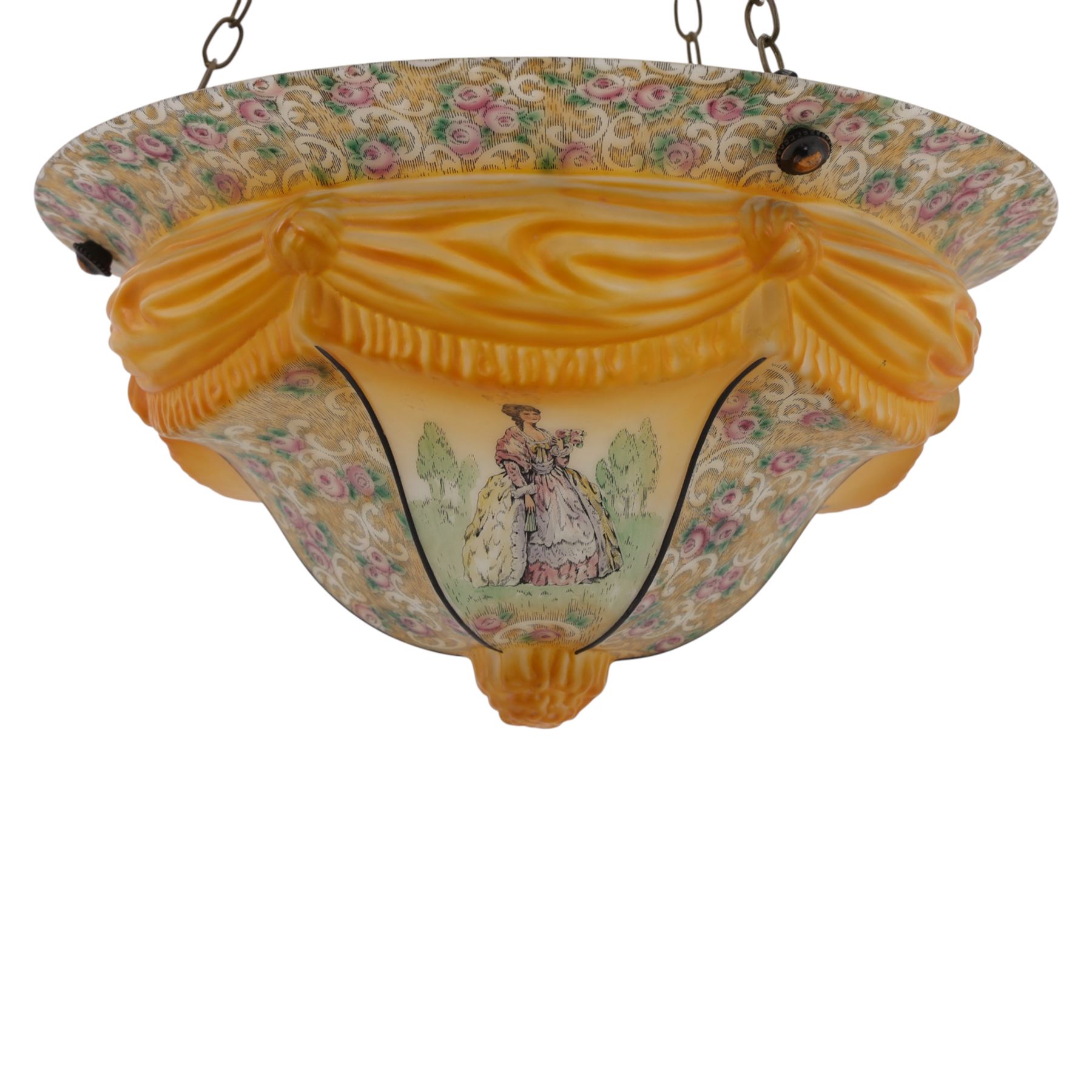  Early 20th century painted glass ceiling light fitting, the domed shade decorated with figural panels alternating with scrolling foliate and floral reserves, centred by a moulded knop finial, in amber and pastel tones