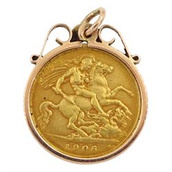 King Edward VII 1906 gold half sovereign coin, loose mounted in 9ct gold pendant