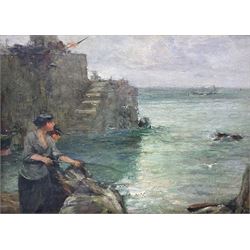 John Robertson Reid (Scottish 1851-1926): Fisherwomen at Porthleven Harbour, oil on panel unsigned 24cm x 33cm 
Provenance: West Yorkshire dec'd estate; with Capes Dunn 5th October 2011 Lot 274