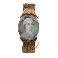 English School (18th century)
Portrait miniature upon ivory
Head and shoulder portrait of Henry Chichester (1724–1799) of Northcote, Devon, and Northover, Somerset, wearing grey coat and white cravat 
Within period gold plated frame, and hairwork strap with foliate engraved gold plated mounts
Oval 3.5cm x 3cm

Provenance: By family descent from the Chichesters of Arlington Court, Devon; from the collection of Andrew Chichester Everitt.

This lot has been registered for sale under Section 10 of the APHA Ivory Act