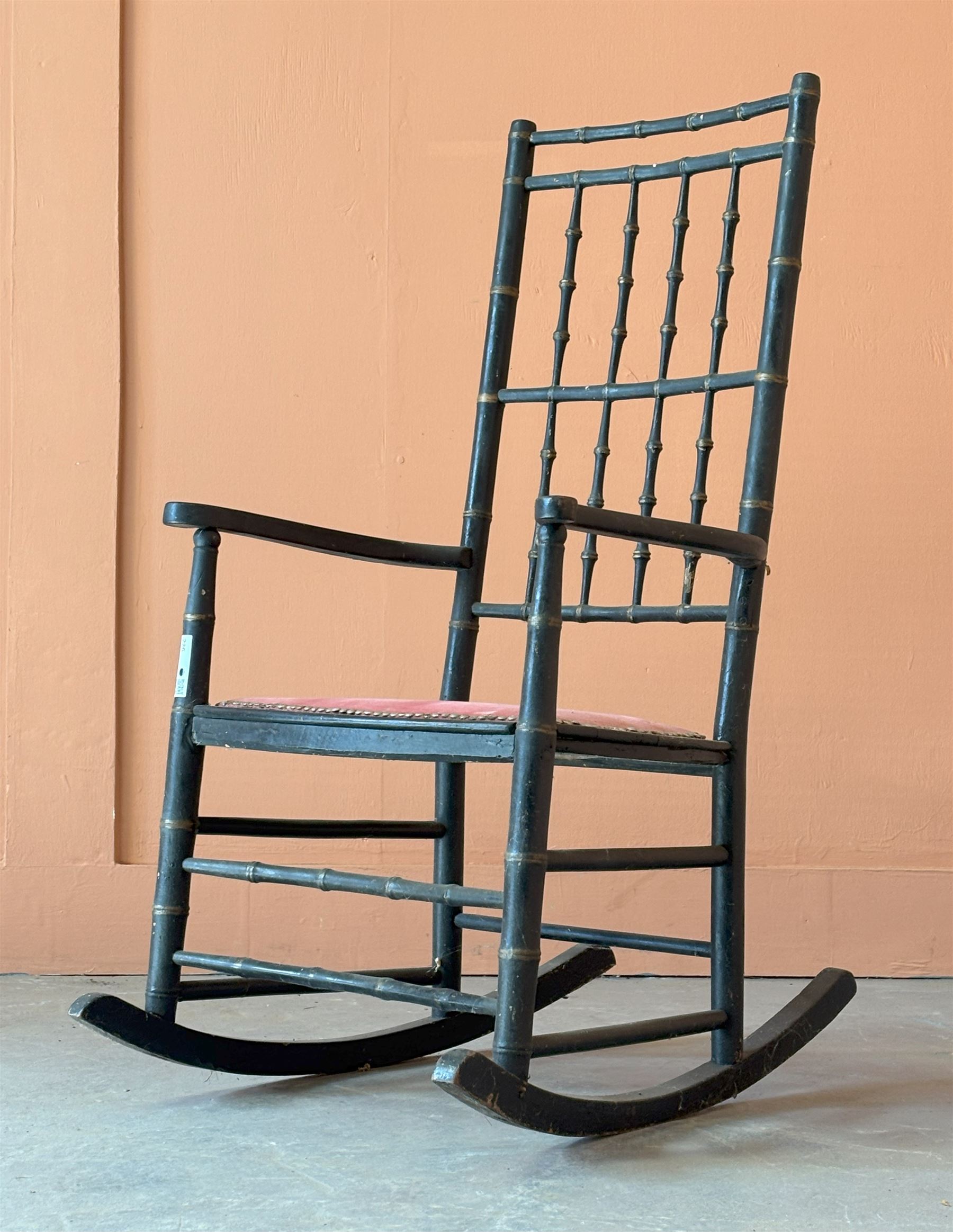 Victorian ebonised and parcel gilt faux bamboo rocking chair. H106cm, W54cm, D76cm.  - COLLECTION BY APPOINTMENT FROM: The White House, Thirsk Road, Easingwold, York, YO61 3NF - CALL 01723 507111 TO ARRANGE