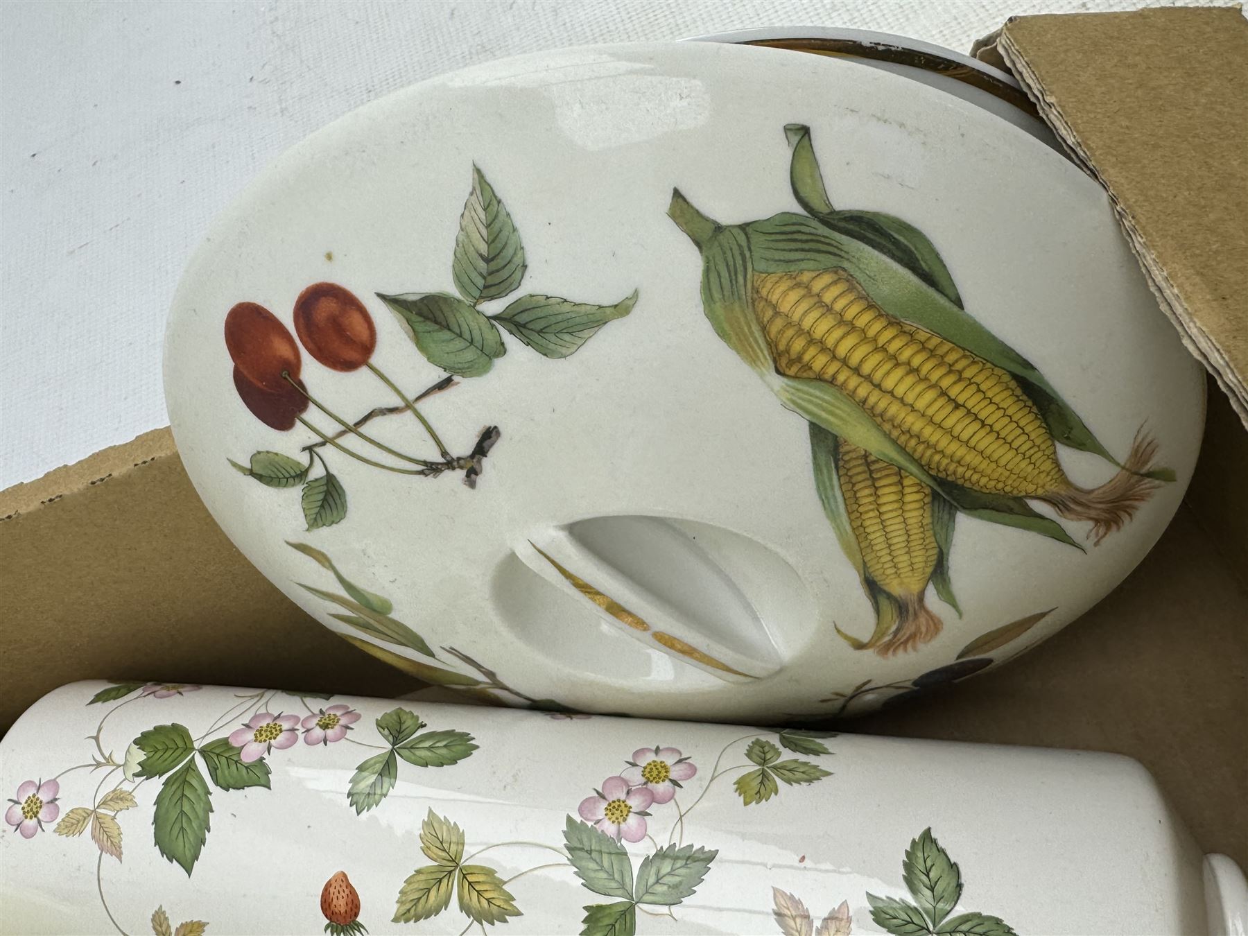 Aynsley harlequin cups and saucers, Royal Albert Old Country Roses vase and cover, Noritake coffee wares, Wedgwood Everest Goblet and various ceramics in two boxes