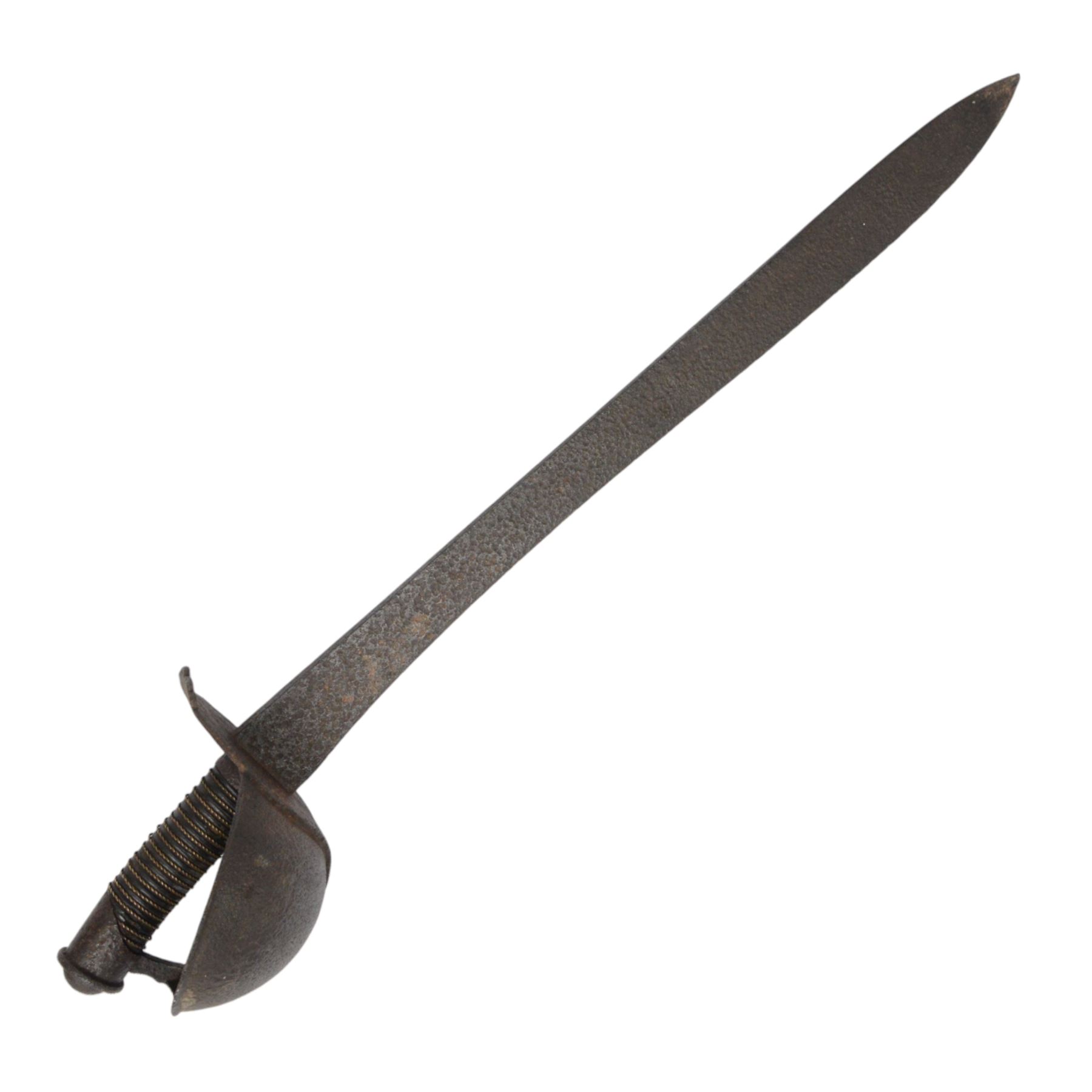 Prussian naval cutlass, the 58cm straight single edged blade broadening towards the point, wire bound grip, the guard with iron plate stamped TA 143, overall L75cm