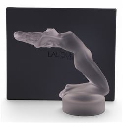 Lalique, Chrysis, frosted glass figure, inspired by the original 1931 car mascot designed by Rene Lalique, engraved Lalique France to base, H12cm