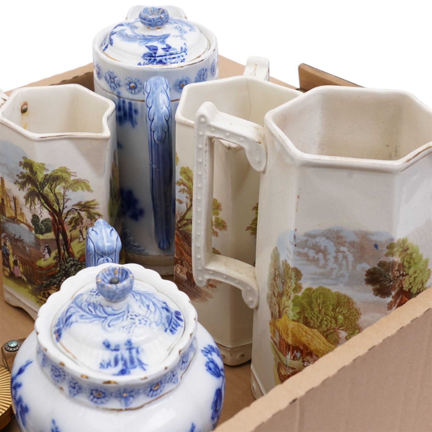 Two Sylvac dogs, 1205 and 1295, two Limoges Camus brandy flasks, pair of Imari plates, graduated jugs, Stratton and other compacts etc