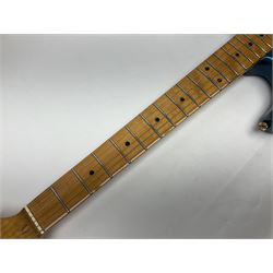 Fender Stratocaster style electric guitar in metallic blue with Rio Grande pick-ups and Fender back-plate L98cm; in Fender soft carrying case