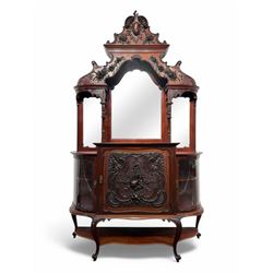 Late 19th century mahogany mirror back cabinet, shaped C-scroll pediment decorated with ca...