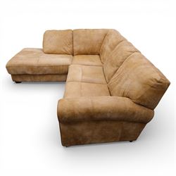 Barker & Stonehouse - 'Houston' brown leather corner sofa with left facing chaise sofa, fixed cushions on dark stained wooden legs