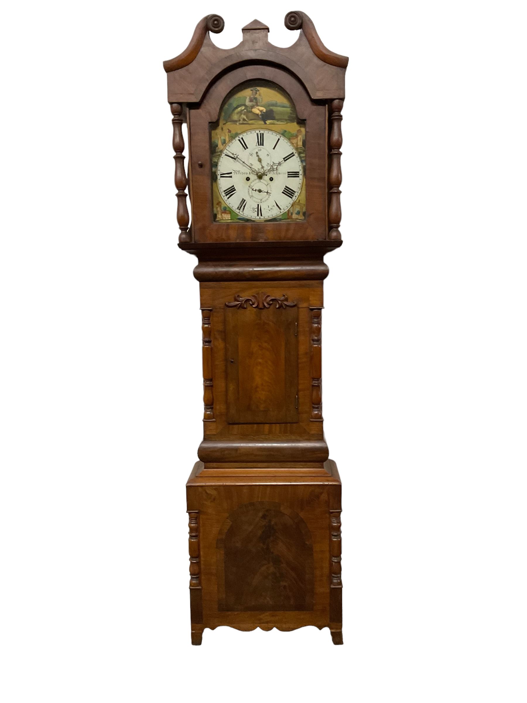 Francis Allison & Co. Finkle Street Richmond - late 19th century 8-day mahogany veneered longcase clock, with a swan’s neck pediment and break-arch hood door flanked by ring turned pillars, broad trunk with cushion moulding and recessed half-pillars to the sides, short trunk door with carved cresting to the top, rectangular plinth with conforming side pillars, fully painted 13” dial with matching brass hands, Roman numerals, minute track, subsidiary seconds and date dials, diagonally matched painted  spandrels and a depiction of a seated shepherd to the break arch, dial pinned directly to an eight-day rack striking movement, striking the hours on a bell. With weights and pendulum. 