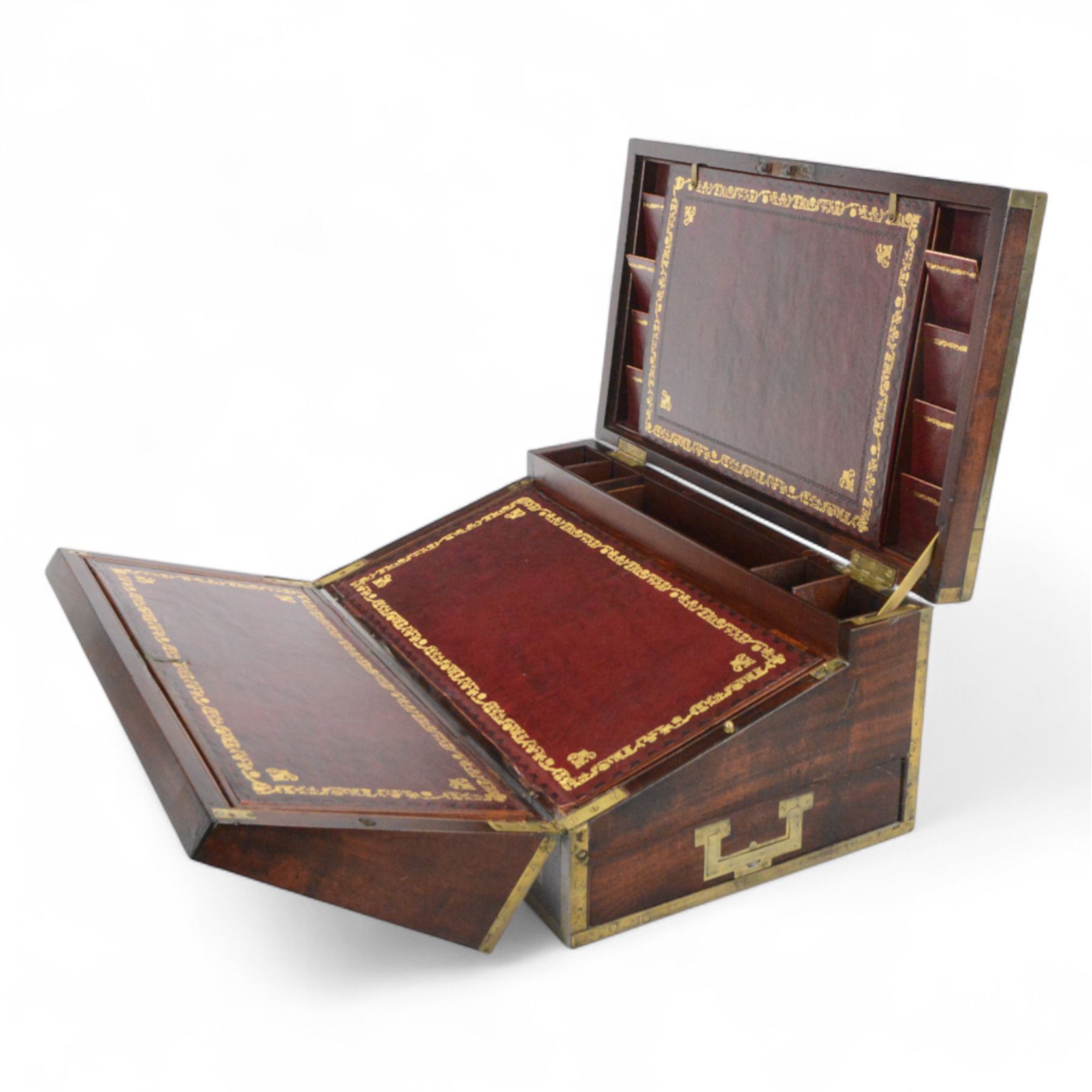 19th century brass bound mahogany writing slope with twin drop carry handles to sides, the hinged cover opening to reveal a  gilt tooled burgundy leather slope and compartmented interior, H22xm W50.5cm D30cm