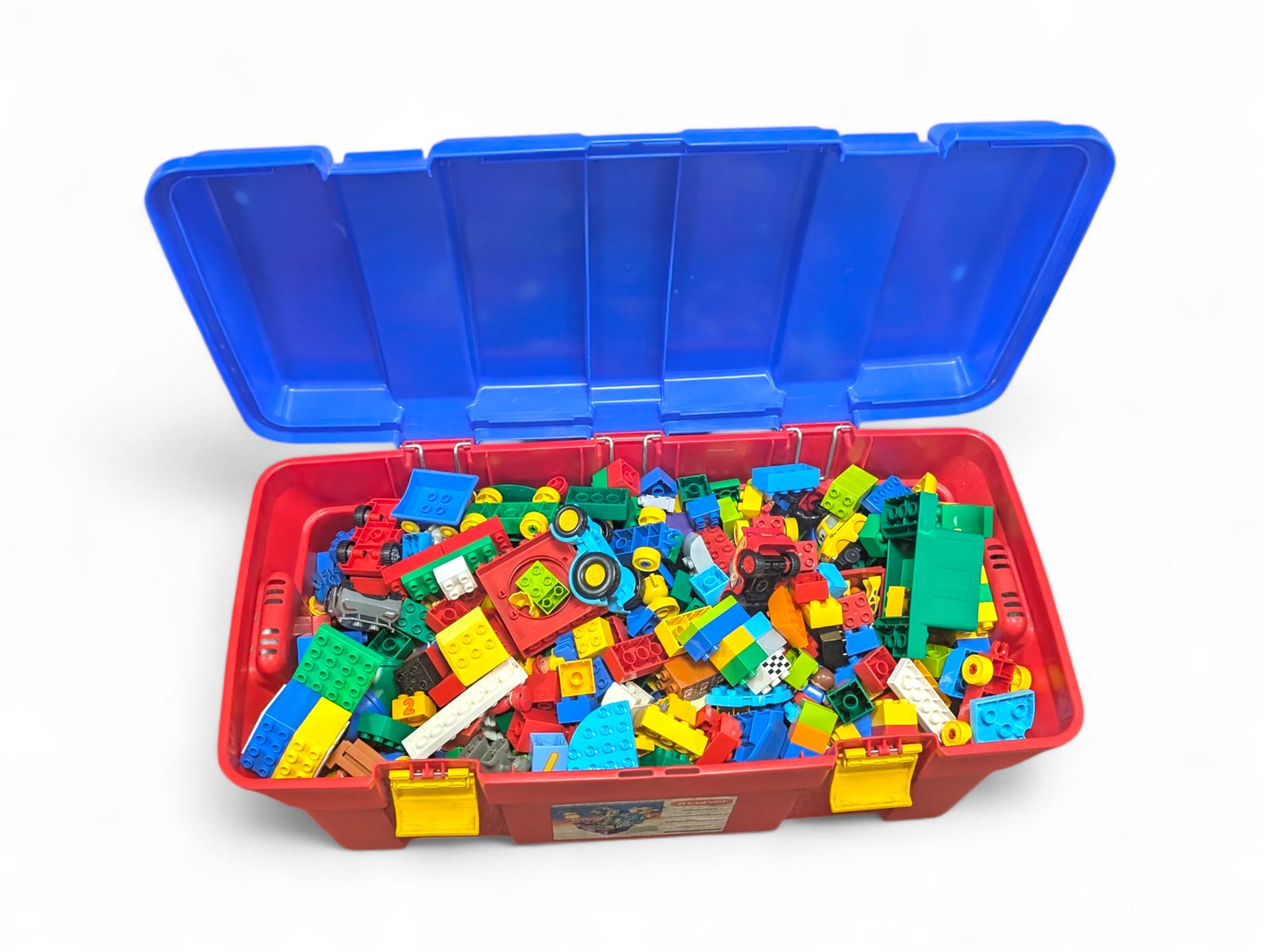 Box of loose Lego Duplo bricks, vehicles and figures