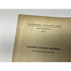 Set of six 1938 German booklets by Terramare Publications comprising No.1 Adolf Hitler by Philip Bouhler, No.2 German Political Profiles by Hans Heinz Sadila-Mantau, No.3 Versailles in Liquidation by Friedrich Grimm, No.4 German Law and Legislation by Erich Schinnerer, No.5 German Labour Service by Fritz Edel and No.6 Social Welfare in Germany by Werner Reher; some illustrated; all with English text (6)