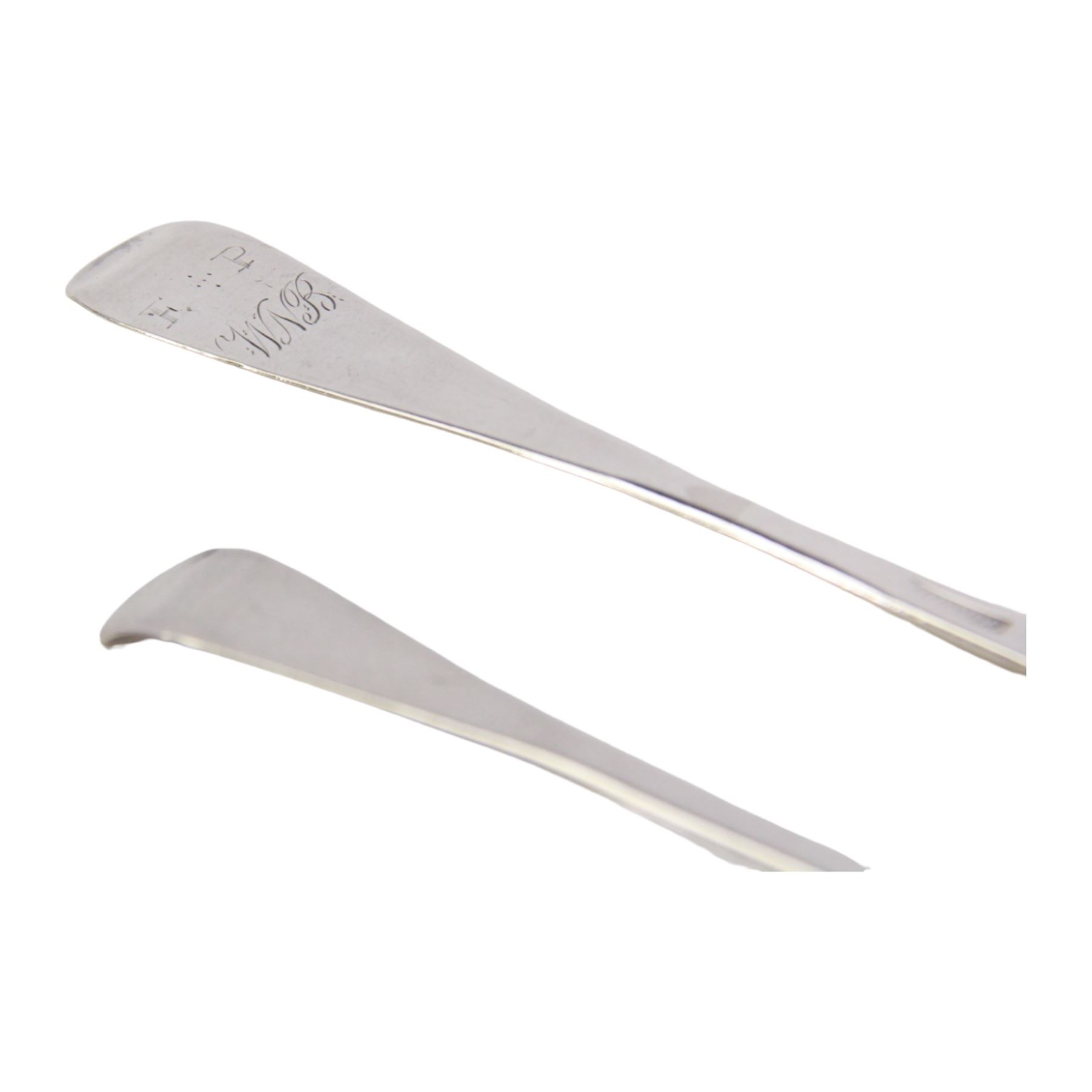 Two early/mid 18th century American silver Hanovarian pattern tablespoons with rat tail bowls, the first example marked for John Burt, Boston, circa 1730, the second marked for George Hanners, Boston, each approximately L19cm