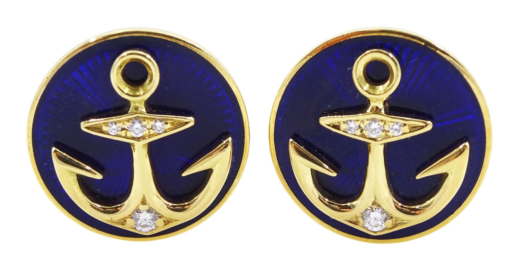 Victor Mayer for Faberge pair of 18ct gold diamond and blue enamel anchor cufflinks, limited edition No.16/1000, stamped 750, boxed with certificate
