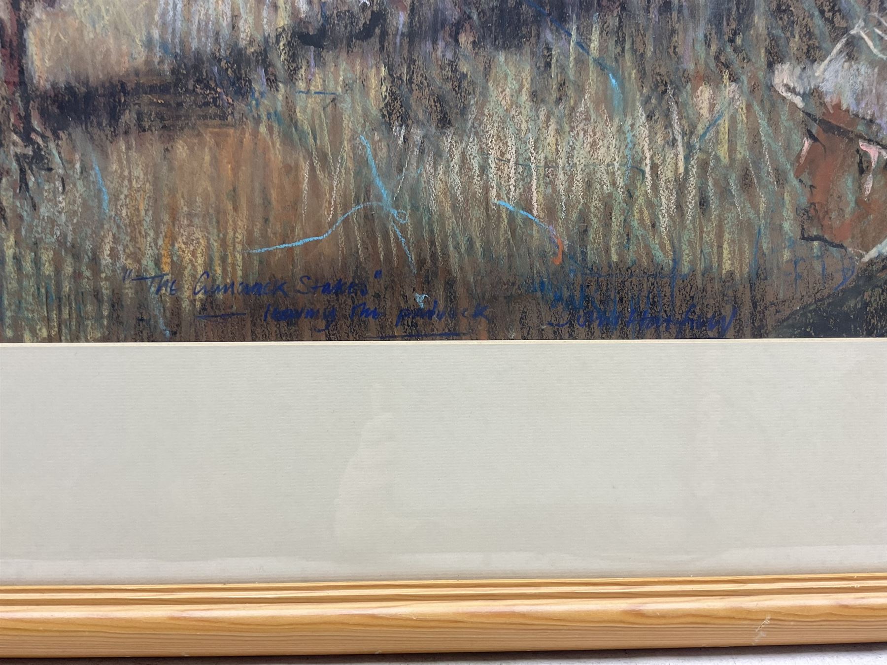 John Hatfield (British 1933-): 'The Gimcrack Stakes - Leaving the Paddock' York Races, oil and oil pastel signed and titled, artist's York address label verso 37cm x 50cm