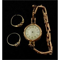 Early 20th century 9ct rose gold manual wind wristwatch, on 9ct rose gold expanding strap, 9ct gold ring shank and 14ct gold ring shank 