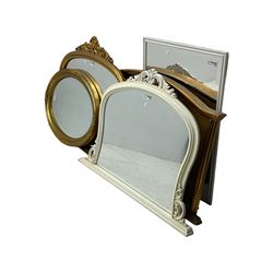 Gilt framed overmantel mirror (122cm x 77cm); gilt framed overmantel mirror with ornate pediment (120cm x 91cm); cream painted overmantel mirror (113cm x 83cm); oval wall mirror (82cm x 63cm); rectangular wall mirror (5)