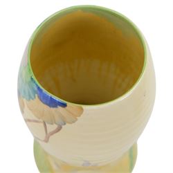 Clarice Cliff Bizarre Rhodanthe pattern vase, shape 583, with green, red, yellow and brown foliate decoration, H15cm