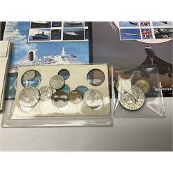 Coins and stamps, including The Royal Mint Great Britain 1970 coin set in plastic holder, 2006 'Brunel' coin cover containing two commemorative two pound coins, Alderney 2006 sterling silver proof five pounds, two 2007 five pound coins in card folders, two limited edition mint first class stamp sheets each comprised of ten first class stamps, various first day covers many with special postmarks housed in 'Royal Mail' boxes etc