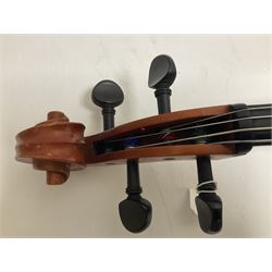 3/4 size cello with soft case, 69cm back length, 114cm full length, with bridge, ebonised tail piece and fingerboard.