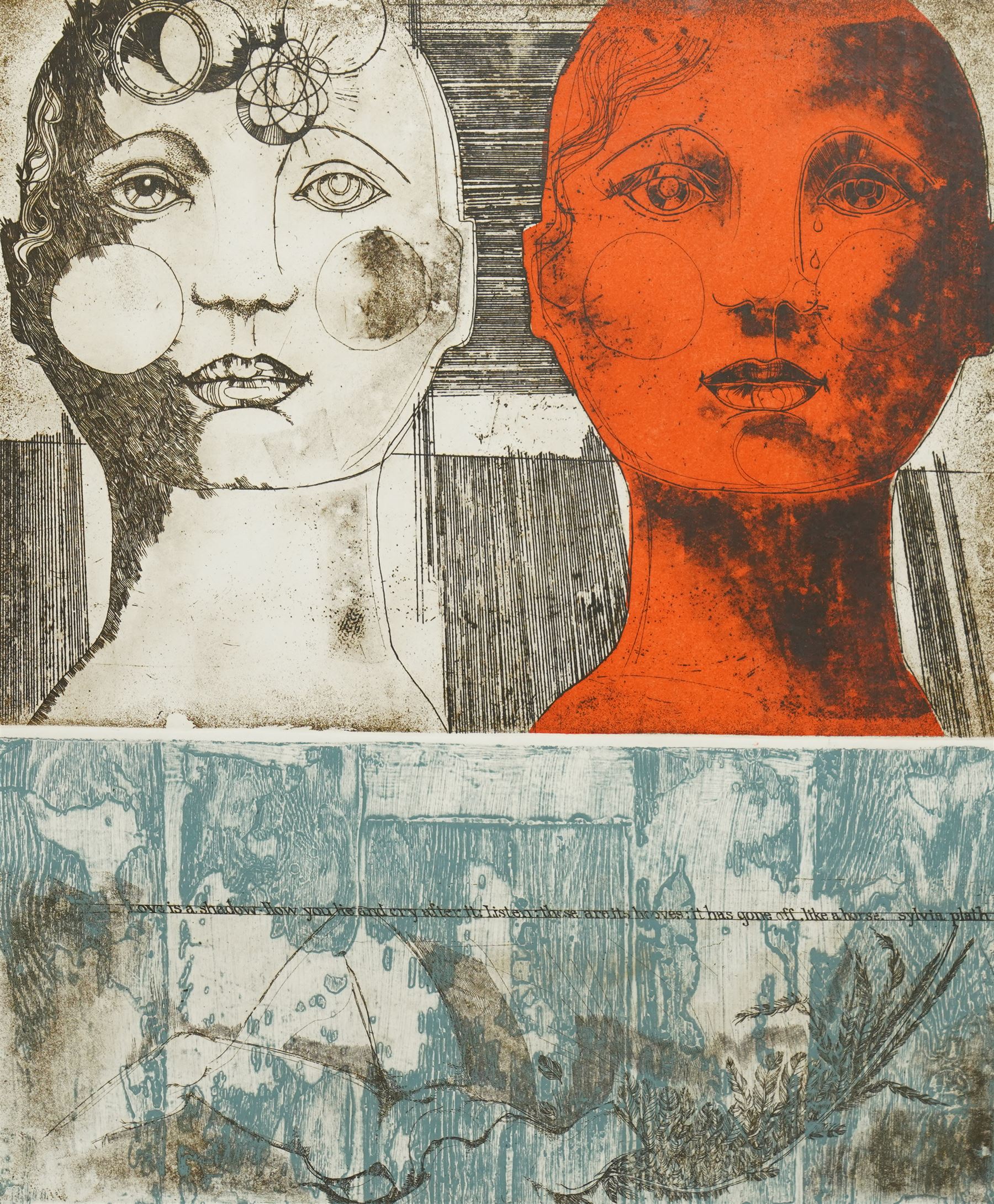 Susan Hudson (Canadian 1941-): 'Janus Weeps', colour etching and aquatint signed titled and numbered 23/40 in pencil 54cm x 45cm