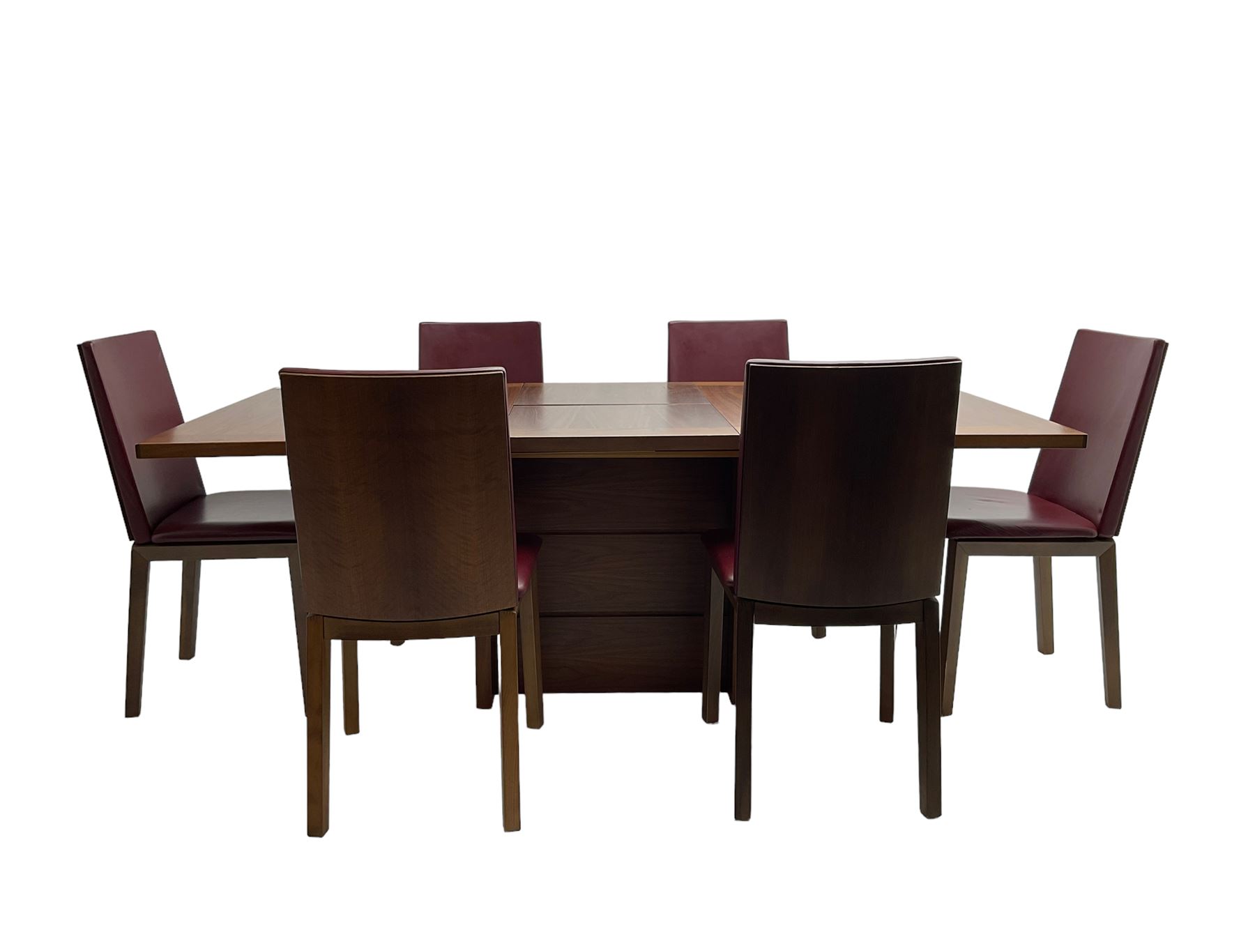 Skovby - Danish mid-20th century design teak extending dining table, rectangular top on pedestal base (W146cm D99cm H92cm); Skovby - set six Danish stained beech dining chairs, back and seat upholstered in oxblood faux leather (W47cm H90cm)