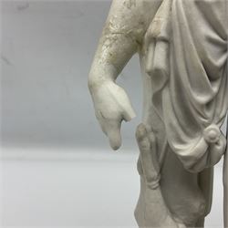 Royal Copenhagen Parian ware figure, modelled as Adonis, standing contrapposto by a tree trunk, together with a similar Parian ware figure, modelled as Venus with the Apple, both after Bertel Thorvaldsen and stamped Eneret to base with blue wave marks beneath, tallest H31.5cm