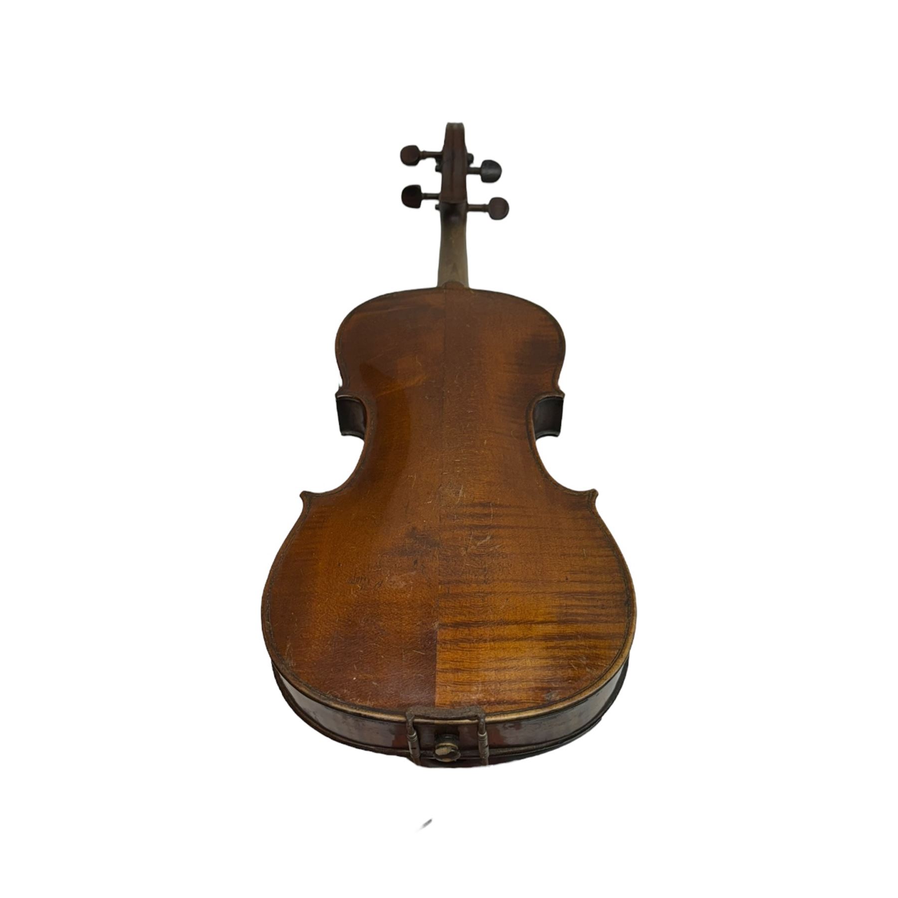18th century Violin with bow, scroll with ebony pegs, fingerboard and tail piece, body length 60cm in  a fitted hard case. Internal label reads Joannes Georgius Thir, Vienna 1776.