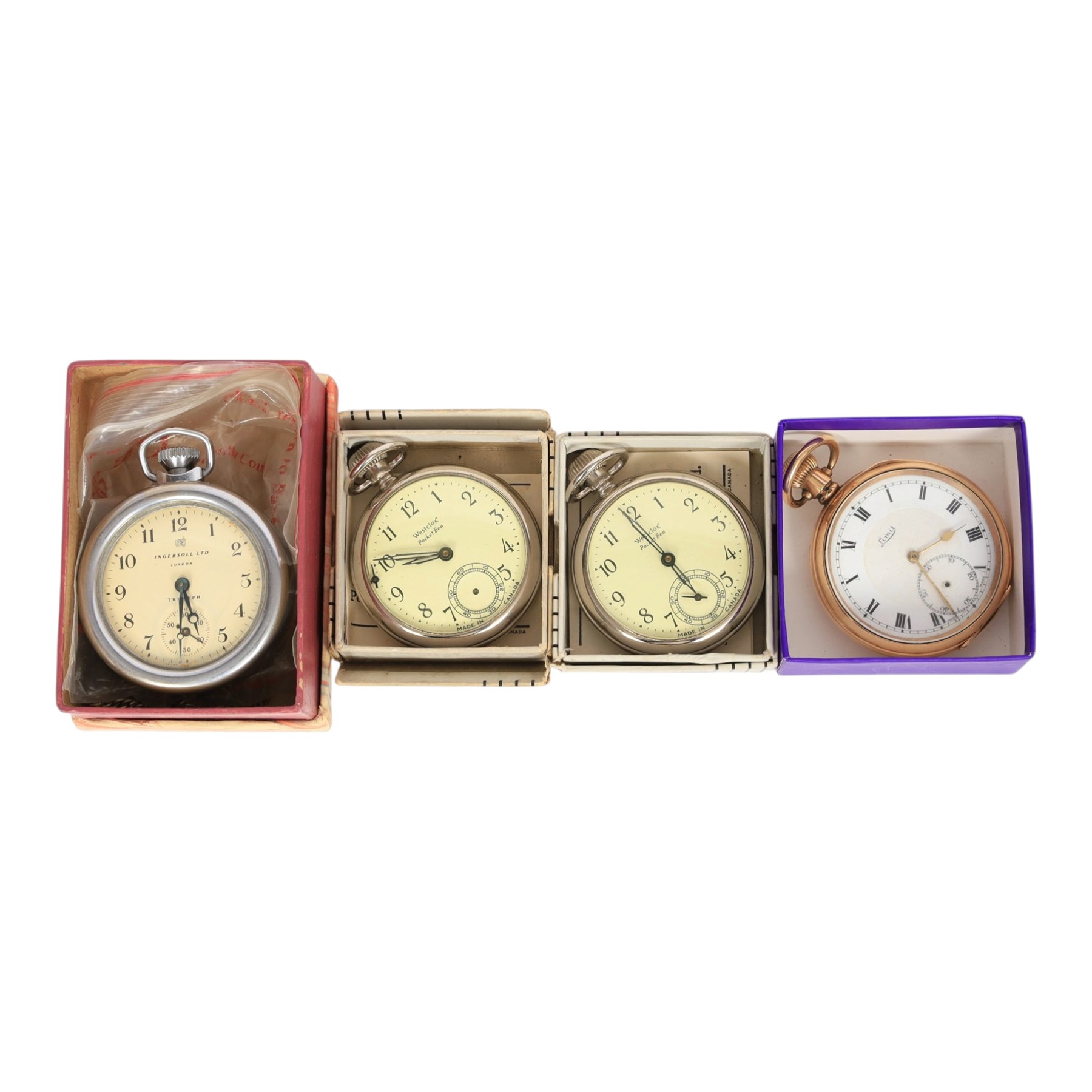 Four pocket watches, comprising two Westclox Pocket Ben examples, gold plated Limit example and an Ingersoll Triumph example