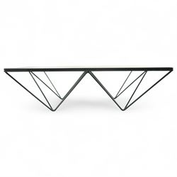 Paolo Piva for B & B Italia - Alanda coffee table with black powder-coated metal frame and clear glass top, the base with angular intersecting support struts forming a symmetrical design