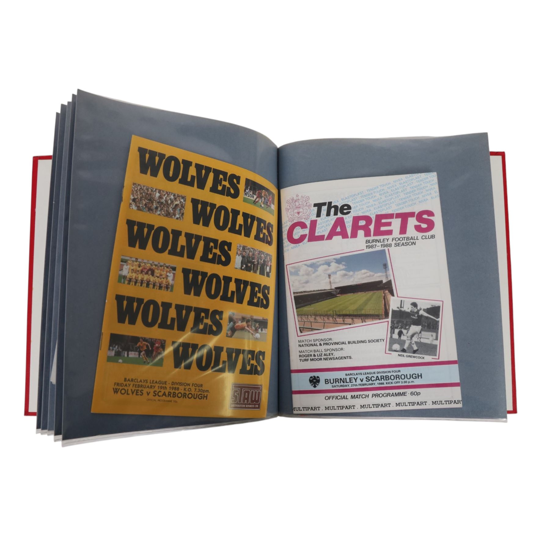 Comprehensive collection of approximately one-hundred and ninety Scarborough FC football programmes for the 1987/88, 1988/89 and 1990/91 seasons, all filed within six dedicated Scarborough FC red Home and Away binders 