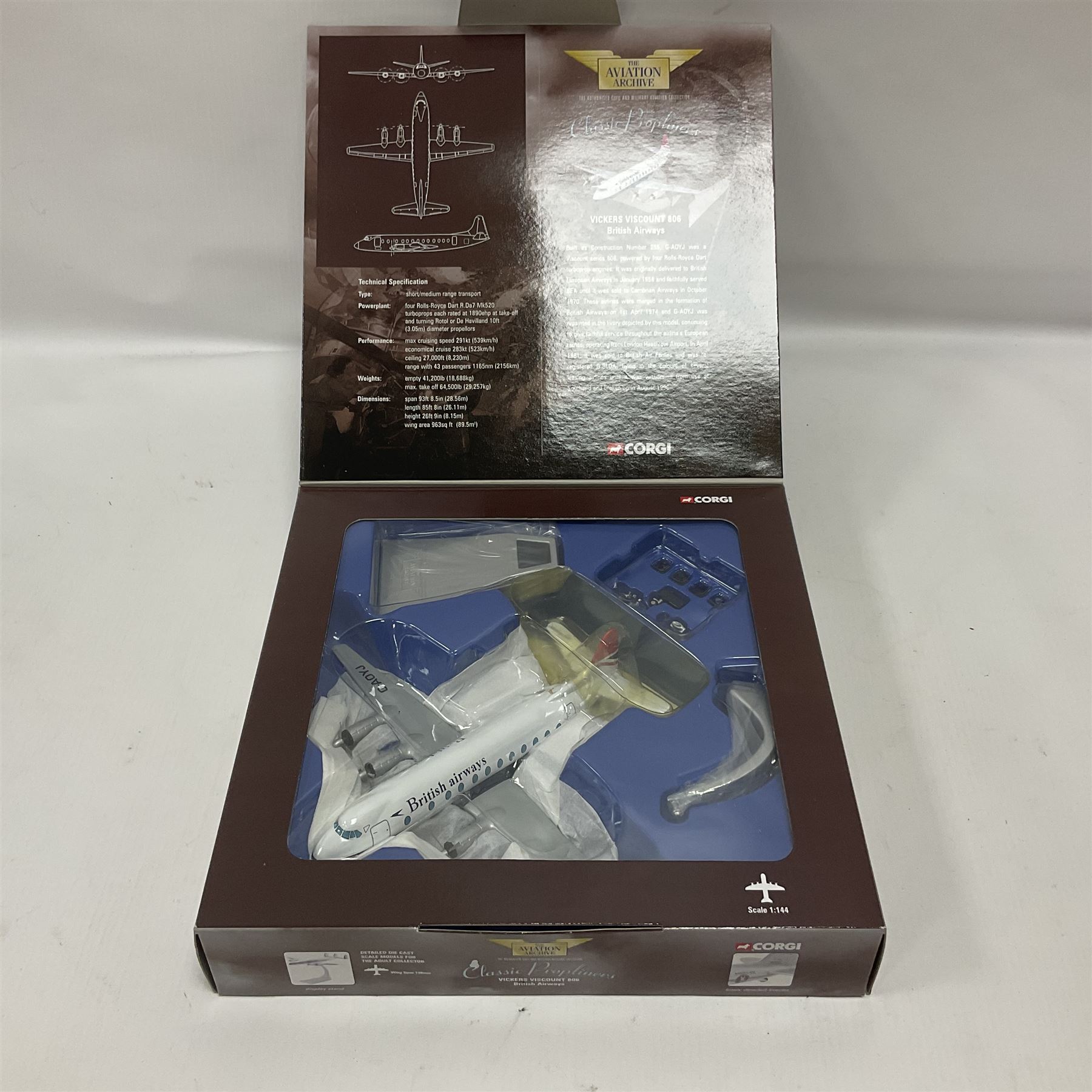 Corgi - Aviation Archive, eleven ‘Classic Propliners’ 1:144 scale models comprising Vickers Viscount models; 47601 700 Series British European Airways; 47602 Parcelforce; 47603 Continental Airlines; 47604 800 Series Lufthansa; 47605 700 Series British Eagle no.391/2900; 47606 806 Virgin Atlantic Airways; 47607 802 British European Airways; 47608 806 British Airways no.985/3000; 47609 836 British Midland Airways no.1530/2500; AA30501 800 Aer Lingus no.651/2100; AA30503 800 British Air Ferries no. 1131/2100; all boxed (11) 
