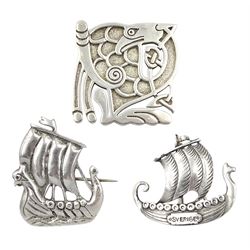 Swedish silver Viking ship brooch by G. Dahlgren & Co, Scottish silver Viking ship brooch by Iain MacCormick, Iona and a Scottish silver Celtic bird pendant, makers mark ADM, Edinburgh 2005