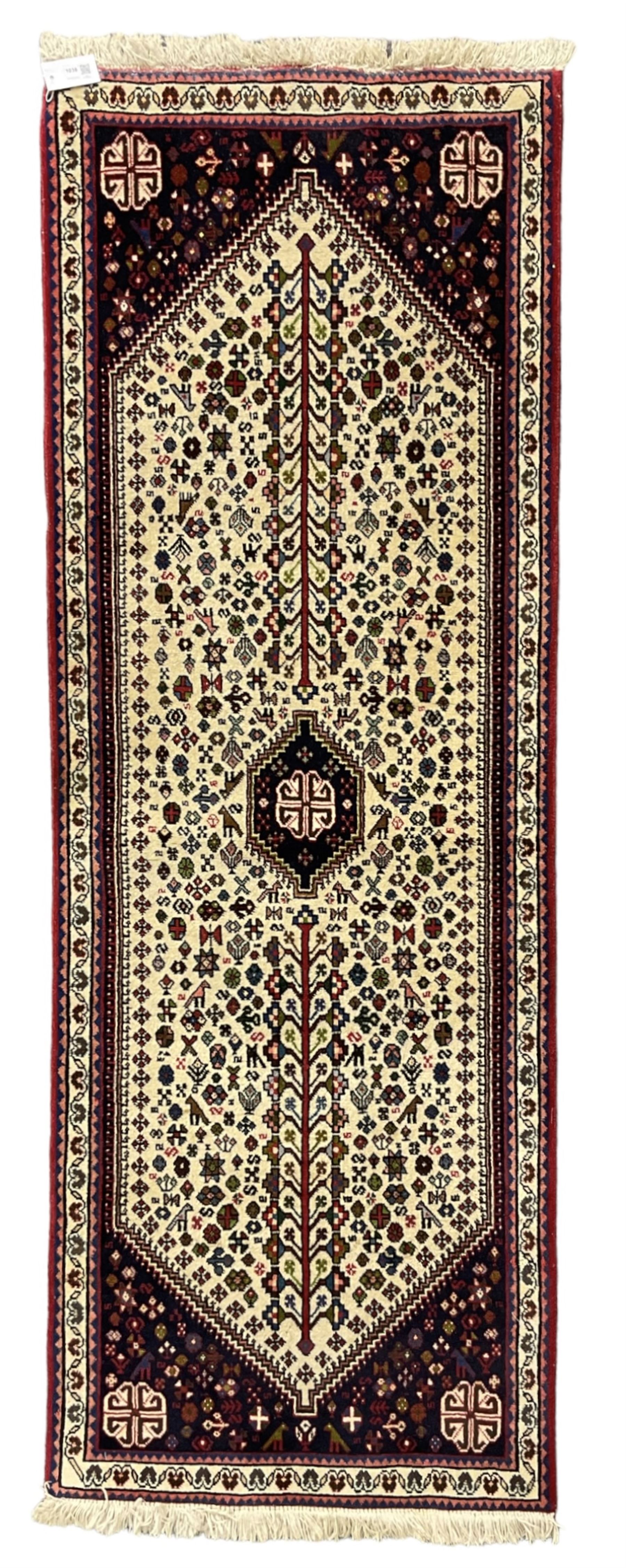 Persian Abadeh indigo ground runner rug, ivory field with pole medallion surrounded by plant and bird motifs and contrasting spandrels, border with interlaced flowerheads