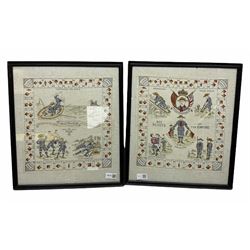 Two framed prints on linen, depicting boy scouts, the first example titled scouts at play, the second titled boy scouts of the empire, both with semaphore signalling around the edges, H43.5cm W38.5cm 