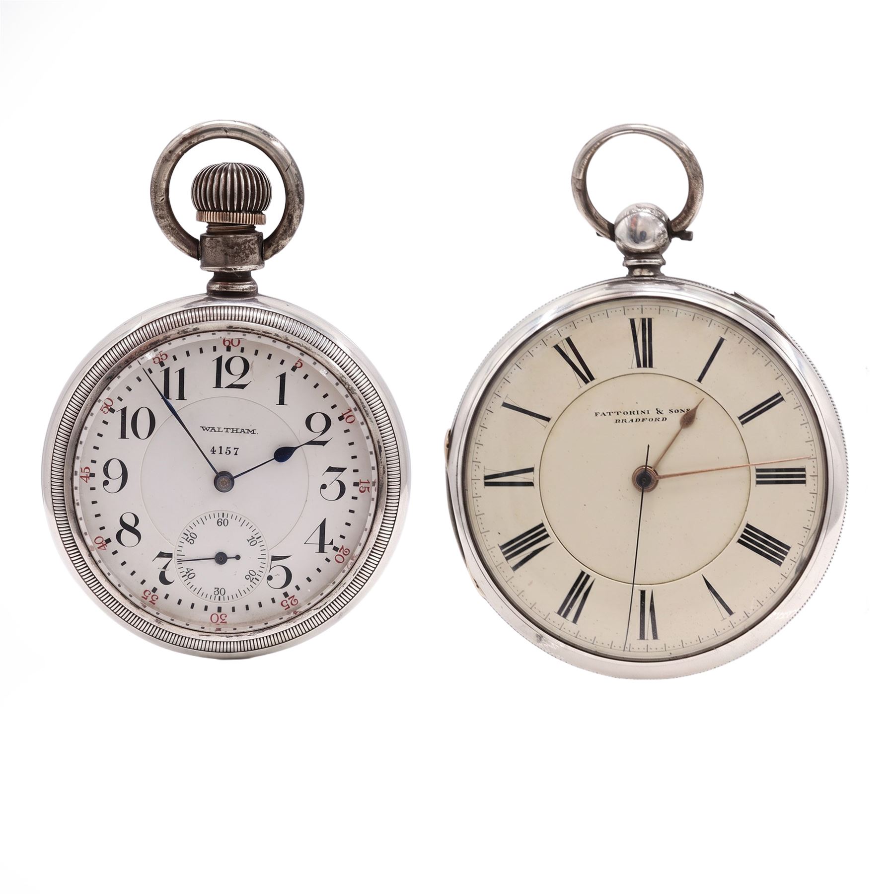 Early 20th century silver open face Riverside keyless lever pocket watch by American Watch Company, Waltham, No. 16194157, white enamel dial with Arabic hour markers, 60 minute outer ring and subsidiary seconds dial, the case stamped Sterling and a Victorian silver open face key wound chronograph pocket watch by Fattorini & Sons, Bradford, No. 44582, cream dial with Roman hour markers, case by Thomas R Russell & Co, Chester 1867