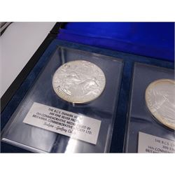 British Commemorative Society Ltd, set of six commemorative .999 fine silver proof medals, no. 13 to 18 , to include The Dunkirk Medal, The Captain Cook Medal, The Battle of Agincourt Medal, The Prince of Wales Investiture Medal, The Stonehenge Medal and The Queen Elizabeth Medal, each contained within clear perspex cases, in a silk lined fitted case
