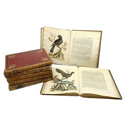Edwards (George). Natural History of Uncommon Birds, and of Some Other Rare and Undescribed Animals... Exhibited in two hundred and ten copper plates, from designs copied immediately from nature, and curiously coloured after life... to which is added, a brief and general idea of drawing and painting in water-colours; with instructions for etching on copper with aquafortis: likewise some thoughts on the passage of birds; and additions to many of the subjects described in this work, 4 volumes, printed for Author, at the College of Physicians, in Warwick-Lane, 1743-51, & Gleanings of Natural History, exhibiting figures of quadrupeds, birds, insects, plants &c. most of which have not, till now, been either figured or described, 3 volumes, printed for the author, at the Royal College of Physicians, in Warwick-Lane, 1758-64, 7 volumes in all, containing 362 fine hand-coloured copper engraved plates (210 and 152 plates respectively to each work), uncoloured engraved portrait of the author by Johann Sebastian Muller after Bartholomew Dandridge, the three volumes of Gleanings of Natural History with parallel English and French printed text in double column, marbled endpapers, bookplate of William Hudson Hulme Hall Cheadle Hulme to front pastedown of each volume, contemporary uniform full red leather, with patterned outer border to each cover, panelled spines and all edges gilt, 4to (29 x 24 cm) (7) A fine set in contemporary uniform binding of 'one of the most important of all bird books, both as a fine bird book and a work of ornithology' (Sitwell, Fine Bird Books). The father of British ornithology, George Edwards (1694-1773) was appointed librarian at the College of Physicians, with the assistance of Sir Hans Sloane, who also employed him to draw curiosities from his own collection. These drawings, as well as others made by Edwards from the collections of his circle, including Mark Catesby, and the Dutchman Gideon Loten, formed the basis of his Natural History. Amongst the species described, some of which appear in print for the first time, are many from India and North America. Edwards personally oversaw the colouring of the engravings - 316 of which are of birds - carefully supervising the colourists who worked from twelve model copies coloured by the author himself. The work includes 'some brief instructions for etching on engraving on copper-plates', Edwards having been encouraged to etch his own plates by Catesby, and 'A Brief Idea of Drawing and Painting in Water-Colours'.
