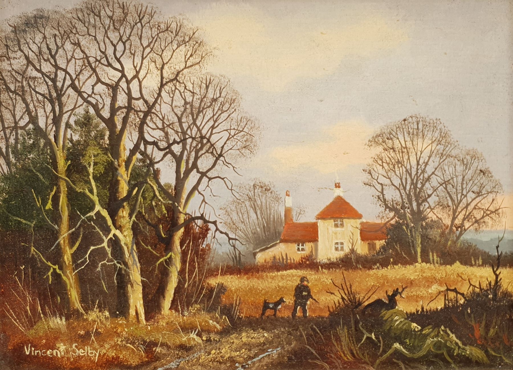 Vincent Selby (British 1919-2004): Figure and Dog on a Country Path, oil on panel signed 14cm x 19cm