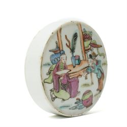 Chinese famille rose cylindrical lidded jar, hand-painted with figural decoration to cover and floral sprigs and insects to body, together with a similar Chinese porcelain lid, jar H4cm