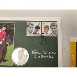 Eight coin covers including, 'Her Majesty Queen Elizabeth II 70th Birthday' containing a 1996 Canadian one ounce silver coin, three coin covers commemorating the 21st Birthday of HRH Prince William each containing a silver coin, '1895 1952 A Tribute to HM King George VI' containing a South Africa 1952 five shilling coin, 'The Notting Hill Carnival' containing a 1998 fifty pence etc (8)