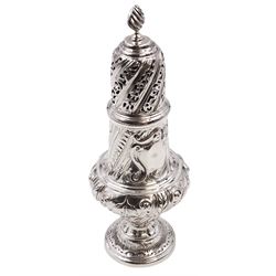 Victorian silver sugar caster, of bellied form, with repousse scroll and foliate decoration, the removable pierced cover with flambeau finial, upon a conforming circular spreading foot, hallmarked Goldsmiths & Silversmiths Co, London 1893, H18.5cm