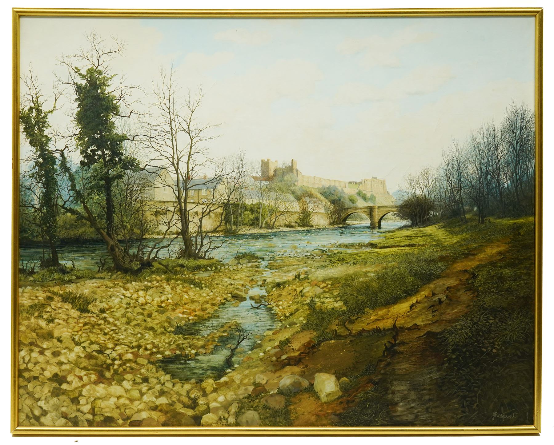 John Ridgewell ARCA (British 1937-2004): 'Richmond - Yorkshire', oil on canvas signed, titled and dated on Fischer Fine Art Ltd label verso 80cm x 101cm