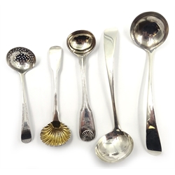  Pair of George III small silver sauce ladles by Hester Bateman 1784, a small tea strainer by Hester Bateman and two Georgian salt spoons with gilded bowls 3oz  