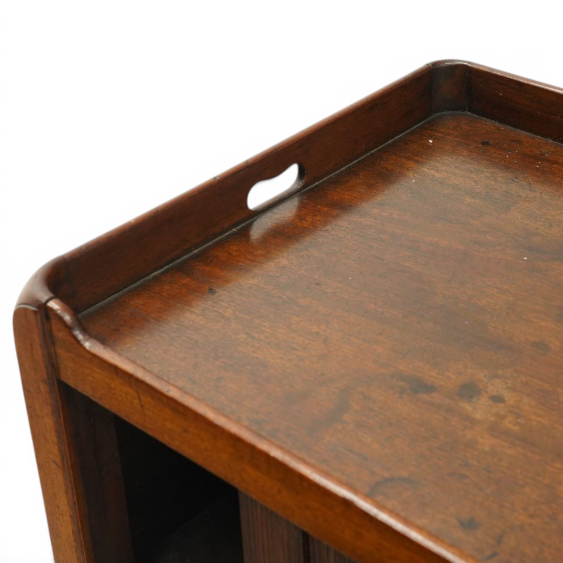  Late 18th century tray top bedside table, tray top with cut out handles, above a tambour shutter, with commode style pull out drawer beneath, raised on square tapering supports