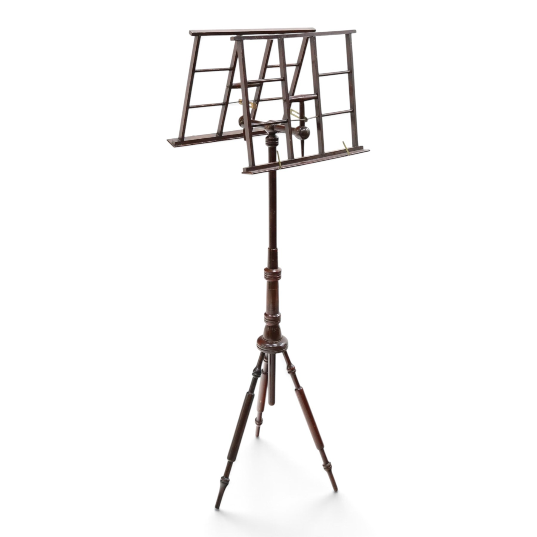 19th century Wheeldon patent telescopic music duet stand, the double adjustable rests over an extendable stem terminating to a turned tripod base