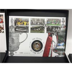 Five The Royal Mint Royal Mail silver proof coin covers, comprising 2021 'HG Wells' with two pounds, 2021 'HM The Queen's 95th Birthday' with five pounds, 2022 'Her Majesty The Queen's Platinum Jubilee 70 Years' with five pounds, 2022 'Her Majesty The Queen's Platinum Jubilee 70 Years' with fifty pence and 2022 '150 Years of The FA Cup' with two pounds, all in Royal Mail card boxes