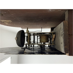 George III mahogany longcase clock, the hood with stepped moulded arch pediment above glazed door, fret work grille to each side, figured trunk door and base, enamel Arabic dial painted with country house scene and floral spandrels signed 'S. Wright, Watford', subsidiary seconds dial and date aperture, eight day movement striking the hours on bell, H212cm (two weights and pendulum)